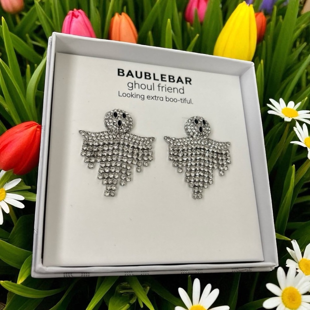 Baublebar Silver Tone Ghouls Rule Ghost Drop Earrings Crystal Fringe NIB